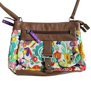 Lily Bloom Floral Purse Shoulder Bag Brown Faux Leather Colorful